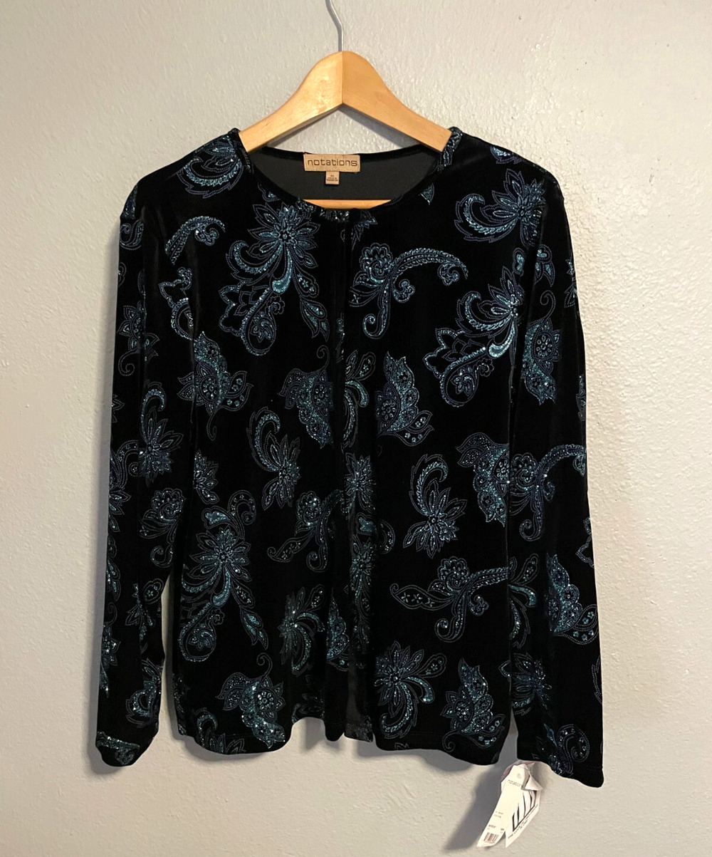 Notations Womens Cardigan Set XL Black Velvet Paisley Glitter Fairy Y2K NWT